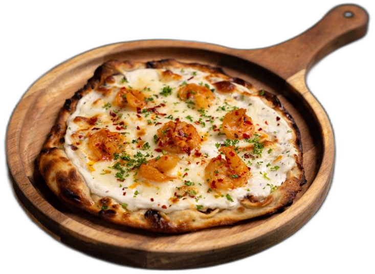 Labneh Prawns pizzaan